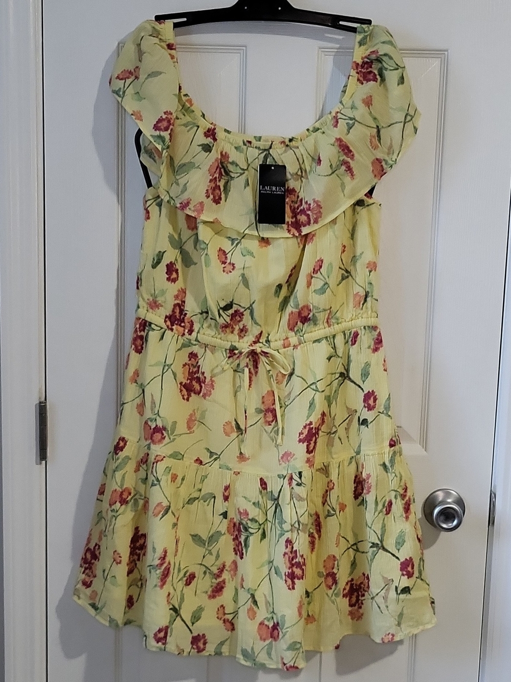 Lauren Ralph Lauren 100% Cotton Yellow Floral Ruffle Neck Dress Size 12